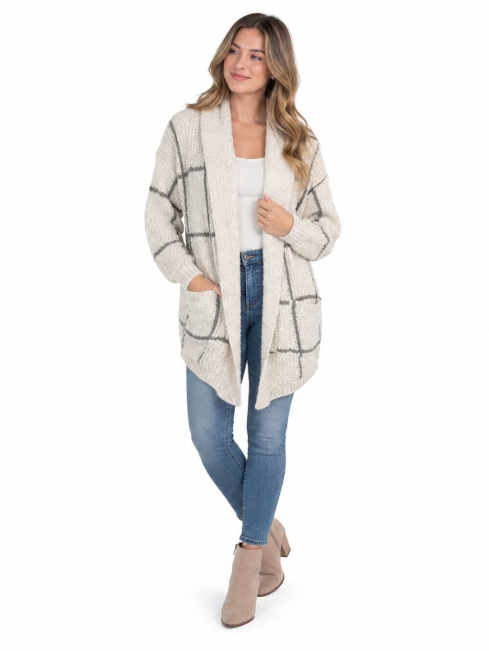 Leith XS/S Gray Windowpane Wool Mohair Alpaca Oversized Cardigan Sweater
